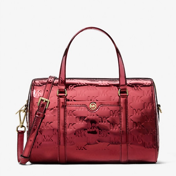 Michael Kors Handbags - MICHAEL KORS Jet Set Medium Metallic Logo Debossed Satchel
Cherry 
NWT